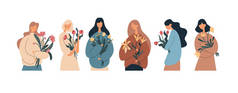 Various women with flower bouquets. Flat vector illustration