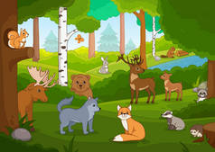 Various cartoon animals in the forest