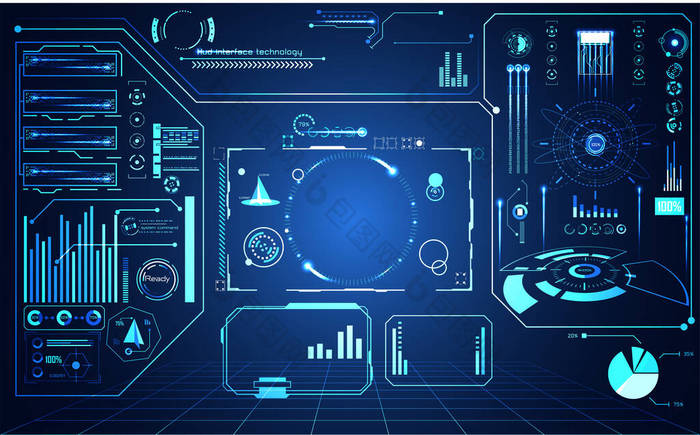 抽象技术 ui 未来概念界面全息图元素数字数据图、通信、计算和圈子百分比科技未来设计背景的生命力创新