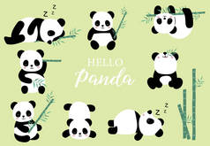 带熊猫的面团动物套装，竹子贴纸，明信片，生日请贴。可编辑元素