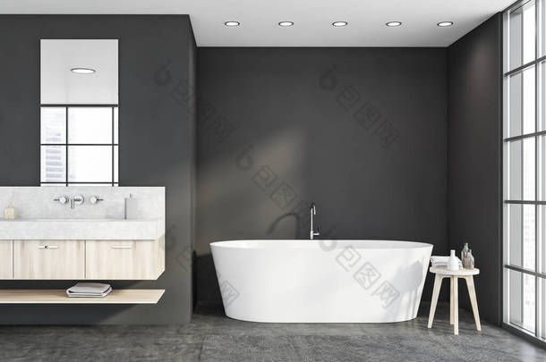 舒适的白色浴缸和水槽与垂直的镜子站在现代浴室与灰色墙壁和混凝土地面。3d渲染