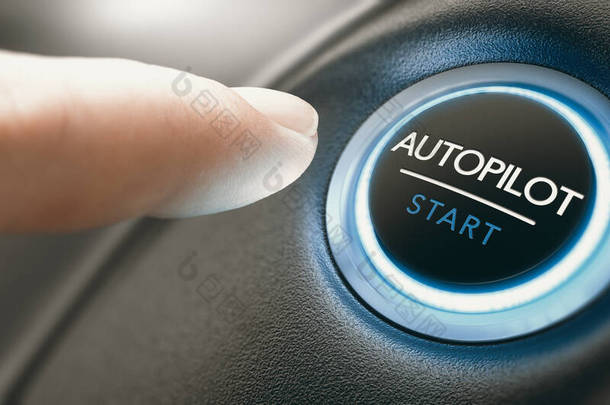 手指按下自动驾驶汽车的自动驾驶仪按钮。手工摄影与3D背景之间的复合图像.