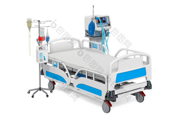 重症监护病房重症监护病房医用通风机,可调医院<strong>病床</strong>和滴水器.3D渲染