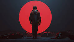 身穿危险服的男子在雾蒙蒙的空隙中检查黑色的尸袋一个大的红色球体