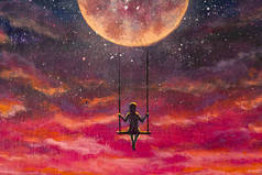 油画奇幻艺术。图上是骑在美丽的粉色日落宇宙中的大星球上荡秋千的男士们.