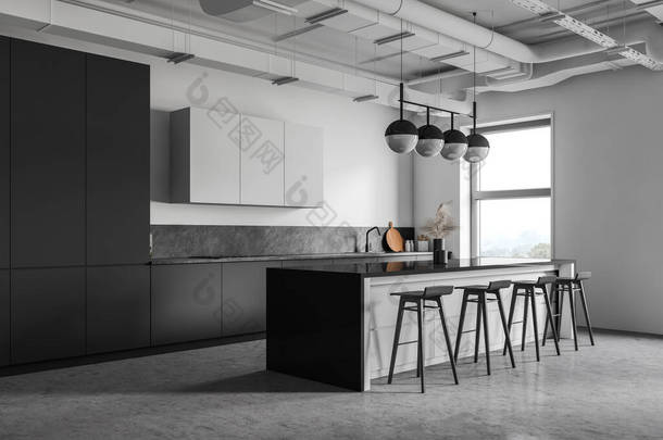 现代工业风格厨房的角落，有白色和灰色墙壁，混凝土地面，灰色<strong>台面</strong>内置水池和舒适的酒吧与凳子。3d渲染