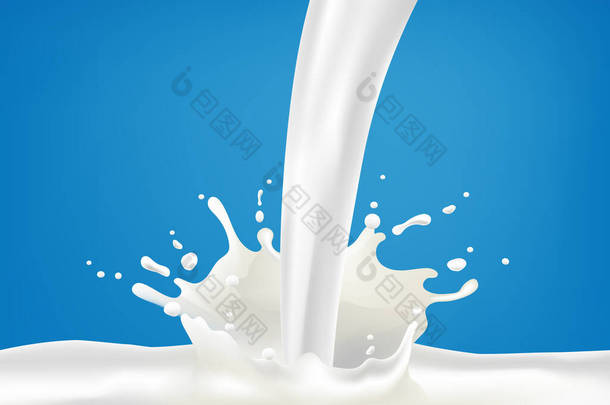 牛奶飞溅和倒入，白色的飞溅在蓝色的背景上，现实的健康饮料酸奶或奶油运动。B.病媒