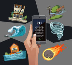 紧急灾难设置与电话。暴风、飓风、地震、水淹、陨石