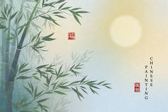 中国水墨画艺术背景图,在夜晚点缀竹月的优美风景.中文译文：植物与祝福.