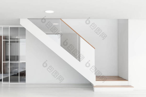 舒适的白色和木制楼梯在现代客厅与白色墙壁，木制<strong>地板</strong>和<strong>棕色</strong>沙发的背景书架。3d渲染