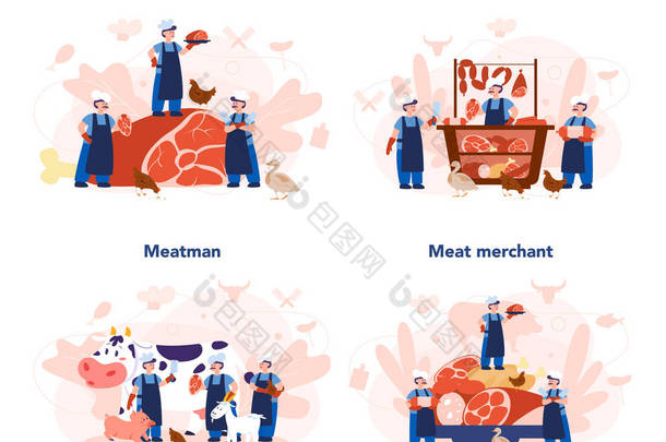 屠夫或肉商概念设置。新鲜肉类和肉类产品