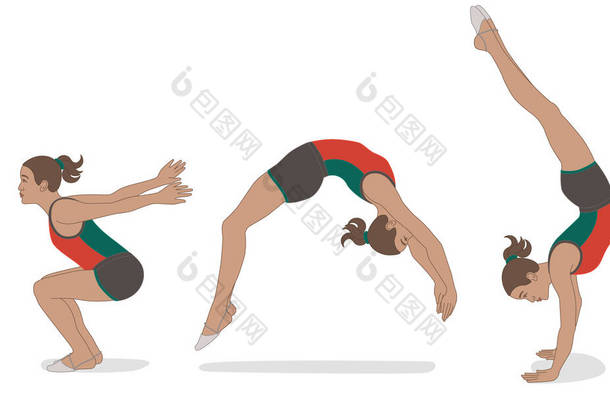 体操翻筋斗，女子翻筋斗在三个背向后翻筋斗的姿势中，与白色背景隔离