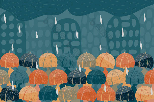 城市里的雨天：人们带着橙色、黄色和灰色的雨伞，背景上有房子，云彩上有雨滴. 