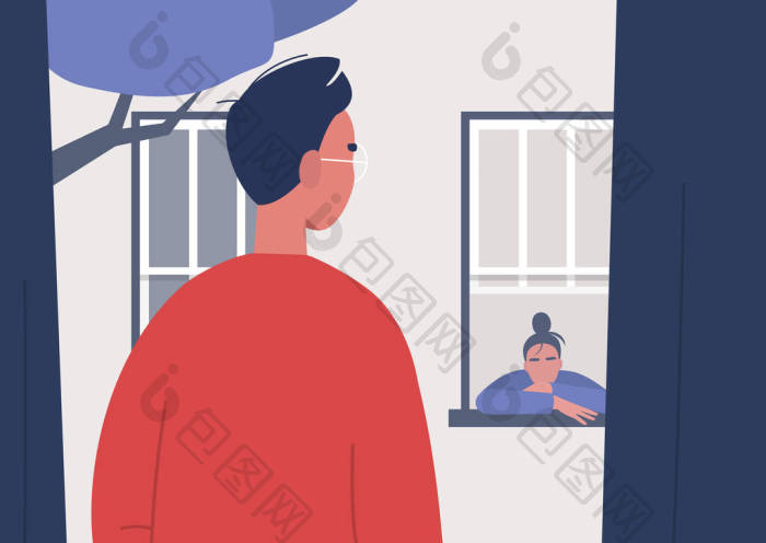 呆在家里两个邻居隔着窗户互相望着感到厌烦图片-包图网企业站
