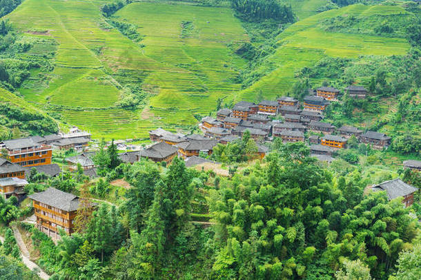 稻田和乡村住宅。中国龙集大寨村。横幅版.