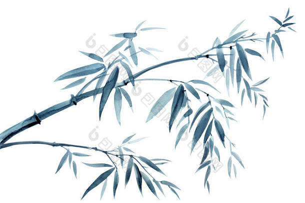 竹子在风中倾斜，水彩画在东方、中国、日本风格的白色背景上，象征着耐力、<strong>长寿</strong>、幸福.
