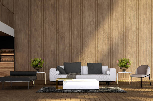 现代客厅，木制墙体，双层空间