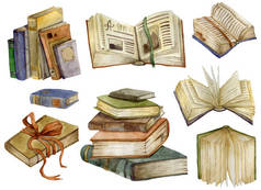 水彩图书集。打开书本和一堆书。教育和知识概念。白色背景上的孤立物体。手绘插图