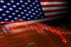 美国经济下滑，股票市场显示股市下跌，处于红色负区间。美国的商业和金融市场危机概念.