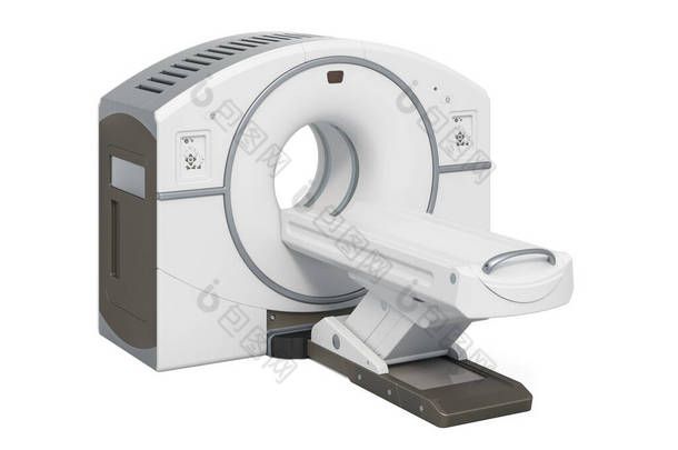 正电子发射层析成像侧视图PET扫描仪，白色背景下的3D渲染隔离