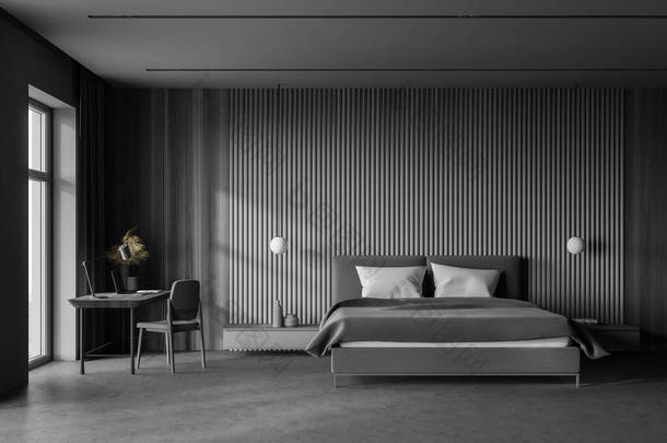 内饰时髦的斯堪的纳维亚风格主卧室，有灰色和木制墙壁，混凝土地面，舒适的<strong>国王</strong>尺寸的床和家庭办公区。3d渲染