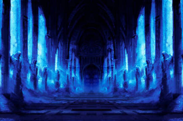 黑暗的夜晚走廊沿着墙壁<strong>聚集</strong>了许多天使的雕像，所有的东西都被蓝色的月光照亮了，在走廊的尽头是一个巨大的门。2d示例