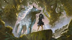 野生女孩与她的狼站在森林里，数码艺术风格，插图绘画