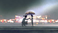 女人在雨中给男孩一把雨伞，数码艺术风格，插图绘画