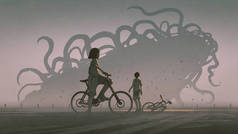 男孩和女孩凝视着地平线上巨大的外星怪物，数码艺术风格，插图绘画