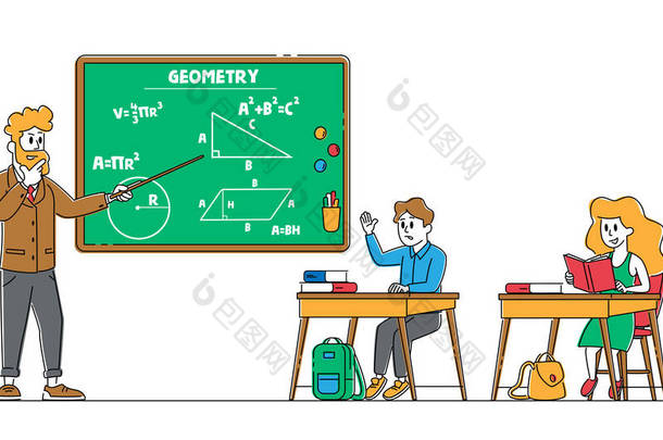 学生们坐在教室的课桌前学习。学生在<strong>课堂</strong>上举手回答课上的问题。儿童角色获得<strong>知识</strong>和教育。直线人传病媒介说明