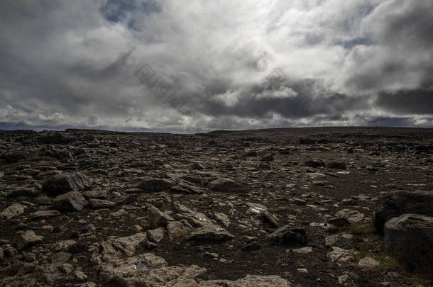 冰岛北部迪迪莫斯瀑布附近的沙漠概况。天空乌云密布.沙漠是由覆盖着绿色苔藓的黑色火山岩构成的