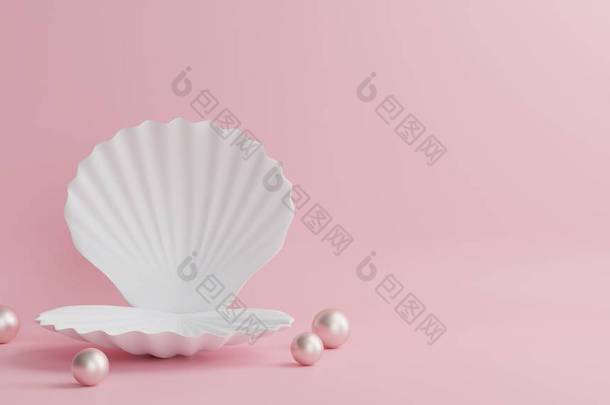 有<strong>贝壳</strong>的讲台周围有珍珠，背景是美丽的<strong>粉色</strong>.