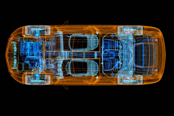 具有X射线效果的SUV汽车的三维技术说明。顶部视图。发动机，车轮和内部。黑色背景.
