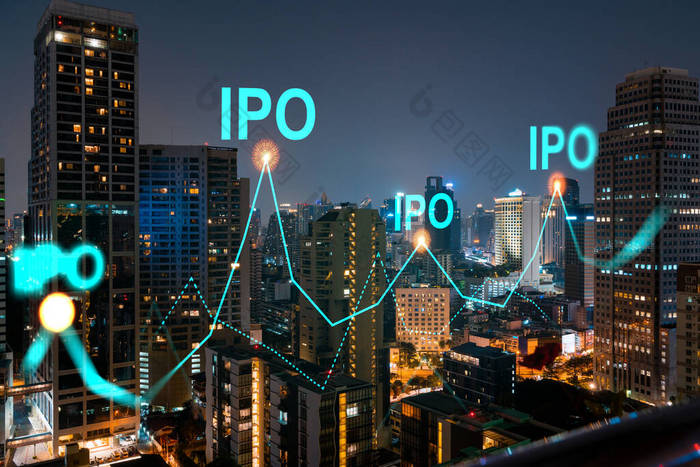 首次公开提供全息图、曼谷夜景全景。亚洲多国公司的金融中心。通过IPO程序提振增长的概念。加倍暴露.