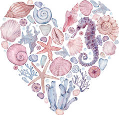 心形印刷与水彩画海洋元素。海马、海星、海贝、珊瑚、海藻的图解.