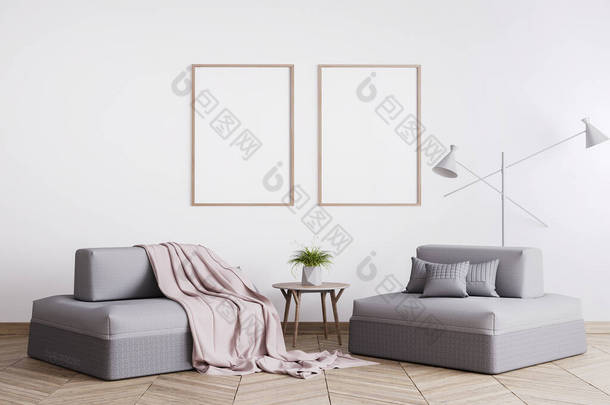 室内模拟，灰色沙发，2个木制框架，银灯和客厅桌子，斯堪的纳维亚风格，3D渲染