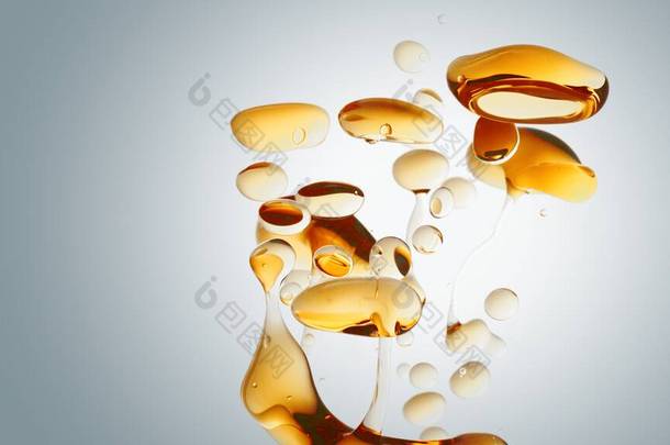 白色梯度背景下净化<strong>水中</strong>透明的橙色金油泡和流体形状。纯化妆品背景中水晶色<strong>气泡</strong>的侧面角度及科学和广告复制空间.