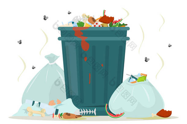 垃圾堆周围的肮脏垃圾被隔离了.食物浪费在垃圾箱里,垃圾袋里散发着难闻的气味.在垃圾周围飞来飞去.肮脏的观点.