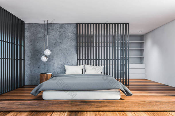 风格时尚的阁楼卧室前视图，灰色和白色墙壁，深色木地板，舒适的国王尺寸床，圆形床头柜和架子为背景。3d渲染