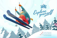 滑雪度假课程广告，专业滑雪者在空中跳跃，雪山背景，低角度图像