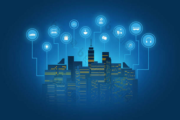 具有图标的未来主义智能城市、 IoT和云计算设计概念-数字网络连接、技术背景