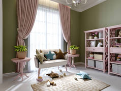 一个有白色沙发和粉色玩具架的孩子的游戏空间。3D渲染.