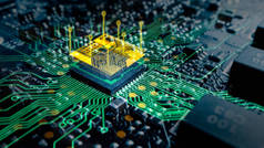 采用扩展实境图形显示芯片结构的计算机主板组件微晶片的印刷电路板的特写宏镜头。电子设备的内部.