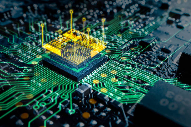 采用扩展实境图形显示芯片结构的计算机<strong>主板</strong>组件微晶片的印刷电路板的特写宏镜头。电子设备的内部.