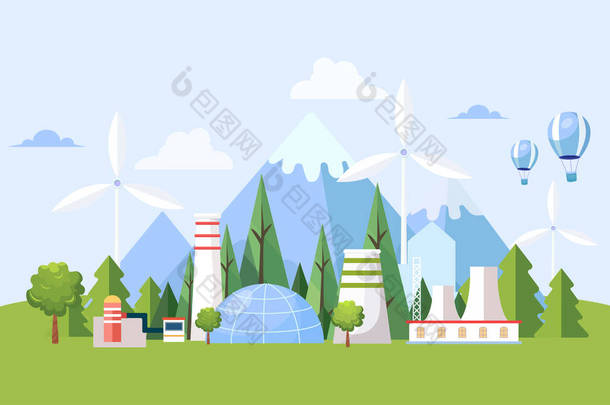 有核工厂和风力<strong>涡轮机</strong>的夏季景观。精益发电和污染发电生产.