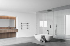 现代浴室角落有白色和瓷砖墙，混凝土地面，舒适的浴缸，淋浴间和木制水槽。3d渲染