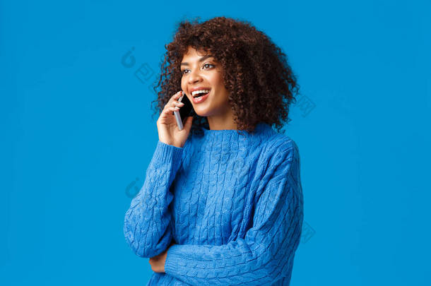 Girl congratulating family with happy holidays, wishing well new year as talking on phone from abroa