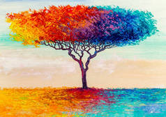 油画风景,五彩缤纷的抽象树.手绘印象派.