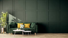 室内设计为绿墙木地板.房间模仿时尚，古典现代客厅室内3D渲染