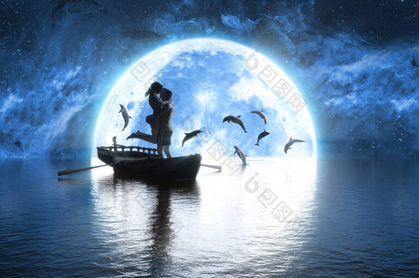 男人和女人在月亮的背景上亲吻，扮演海豚，3D插图